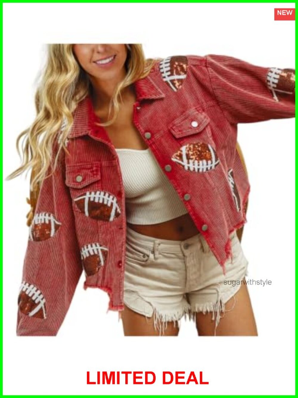 SeekMe Cropped Corduroy Football Jacket Sequin Rugby Shacket